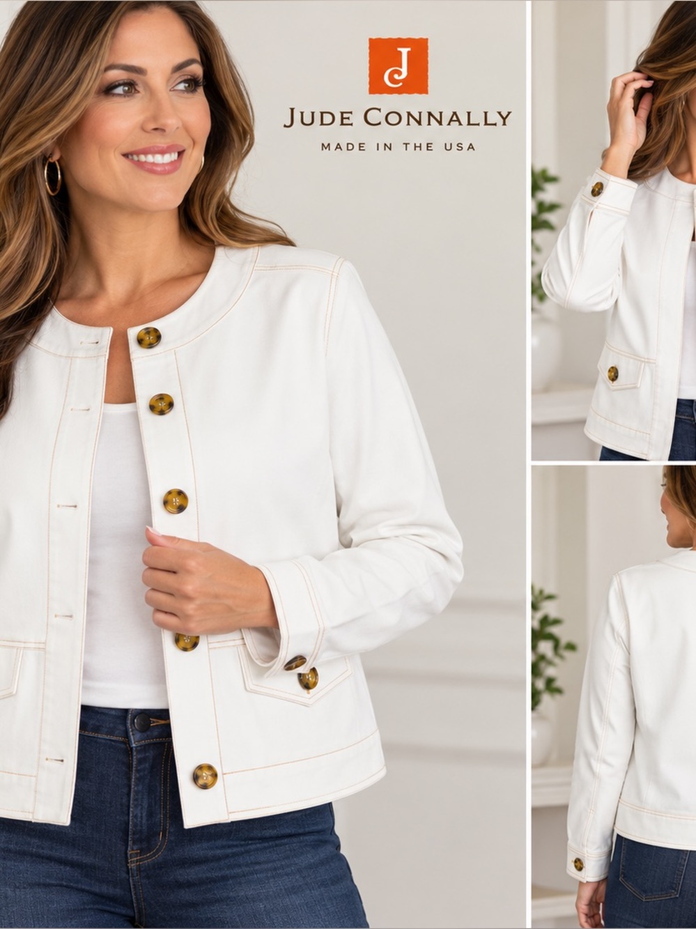 Jude Connally Cream Button-Front Collarless Jacket
